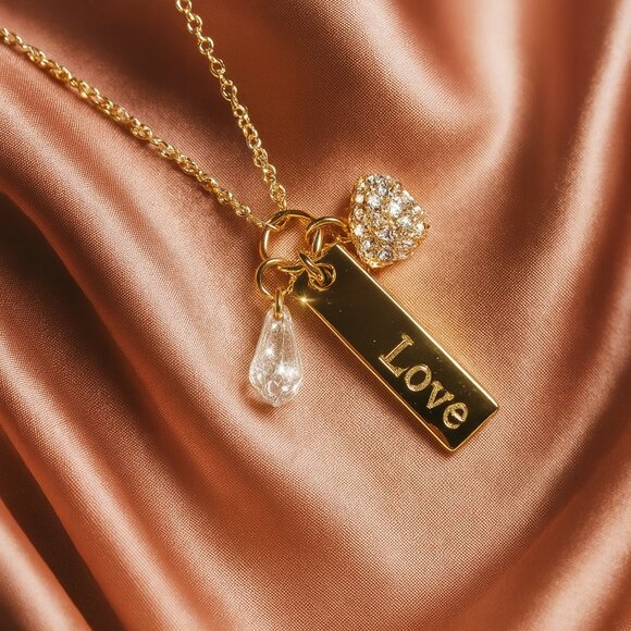 Jewelry - Romantic Gold-Tone Love Necklace, Crystal Heart & Teardrop Charm Pendant Jewelry